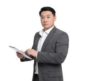 Photo of Businessman in suit with tablet on white background