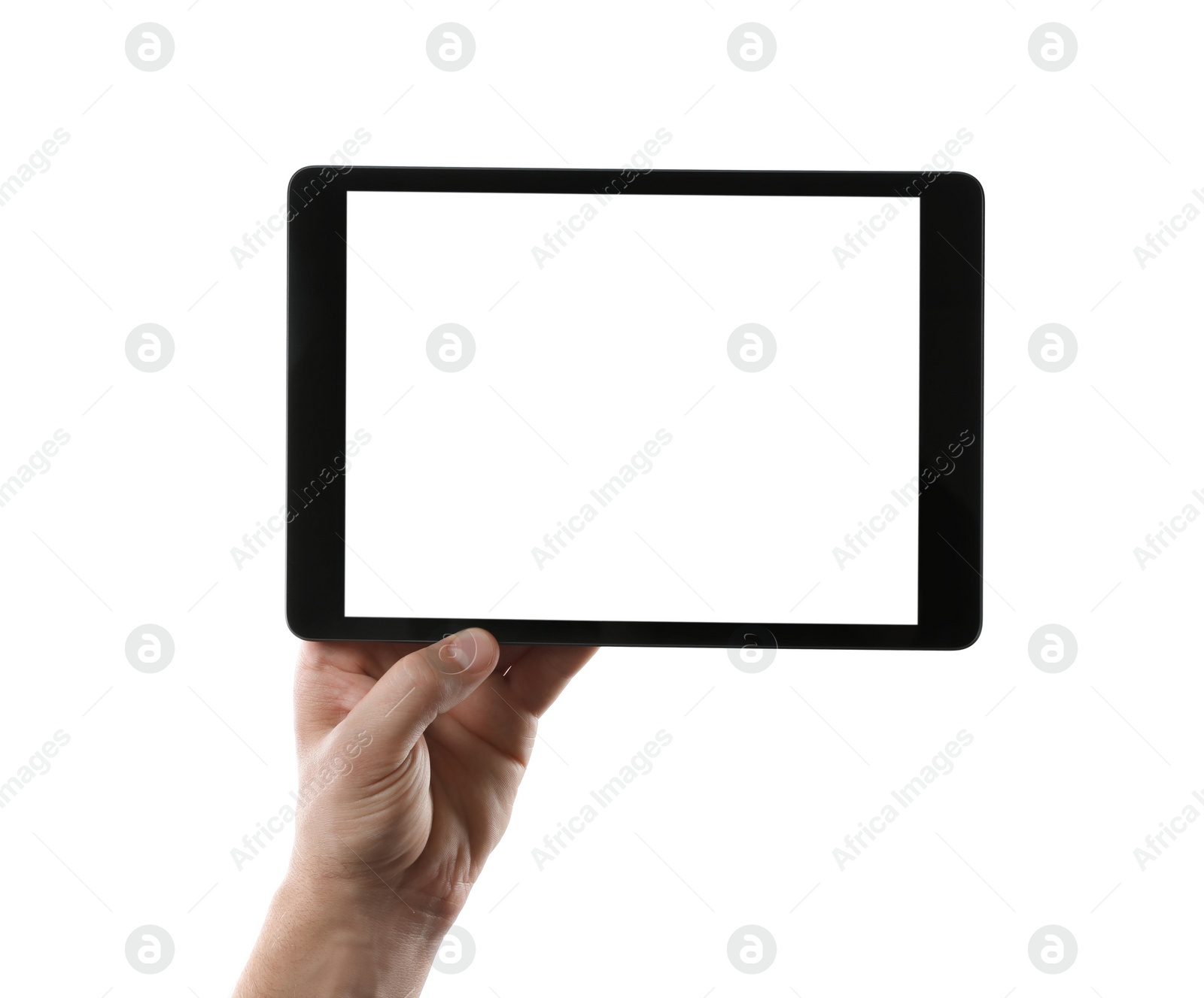 Photo of Man holding tablet computer with blank screen on white background, closeup. Modern gadget