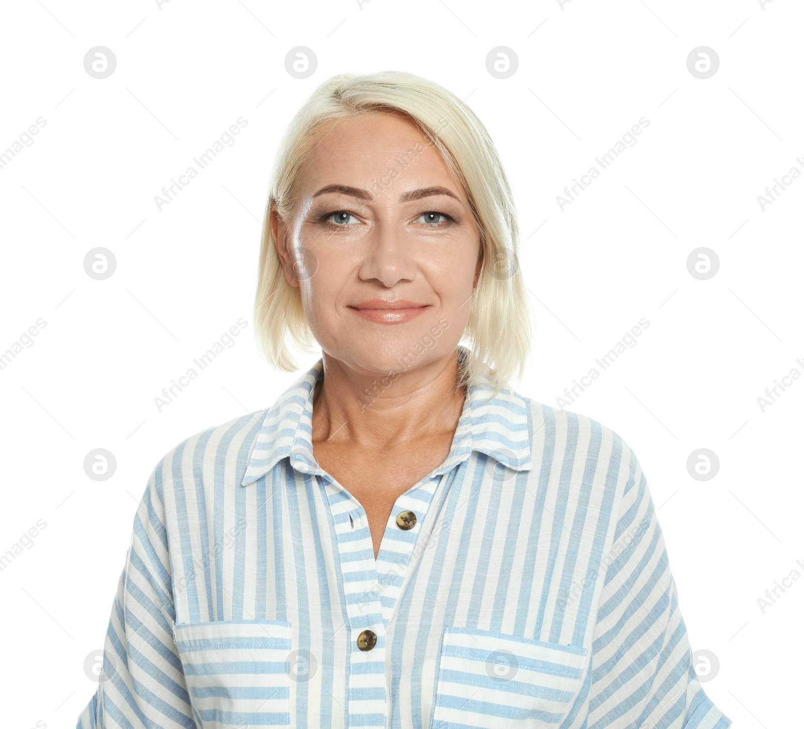 Photo of Portrait of mature woman with beautiful face on white background