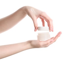 Photo of Woman with jar of cream isolated on white, closeup