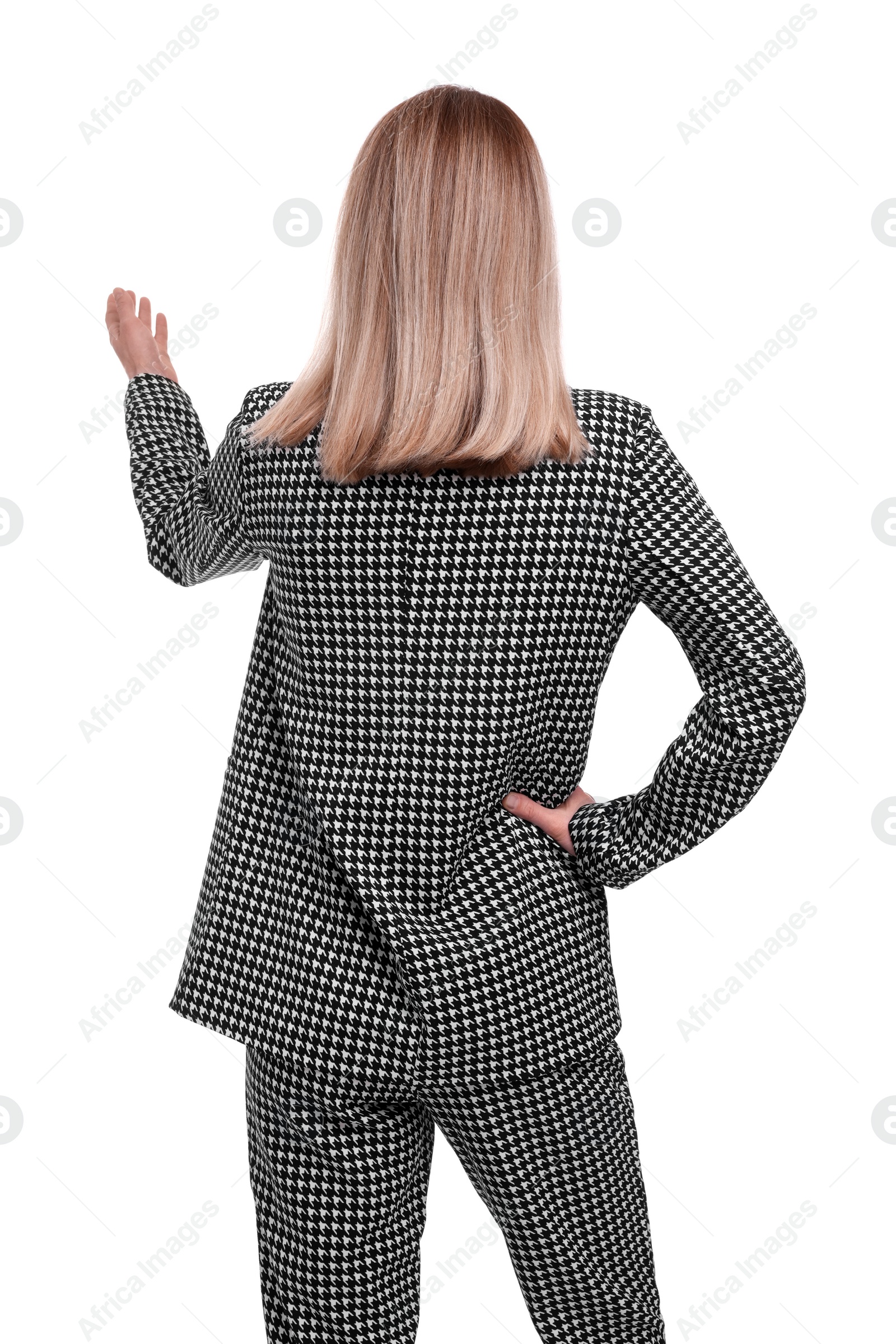 Photo of Businesswoman in suit on white background, back view