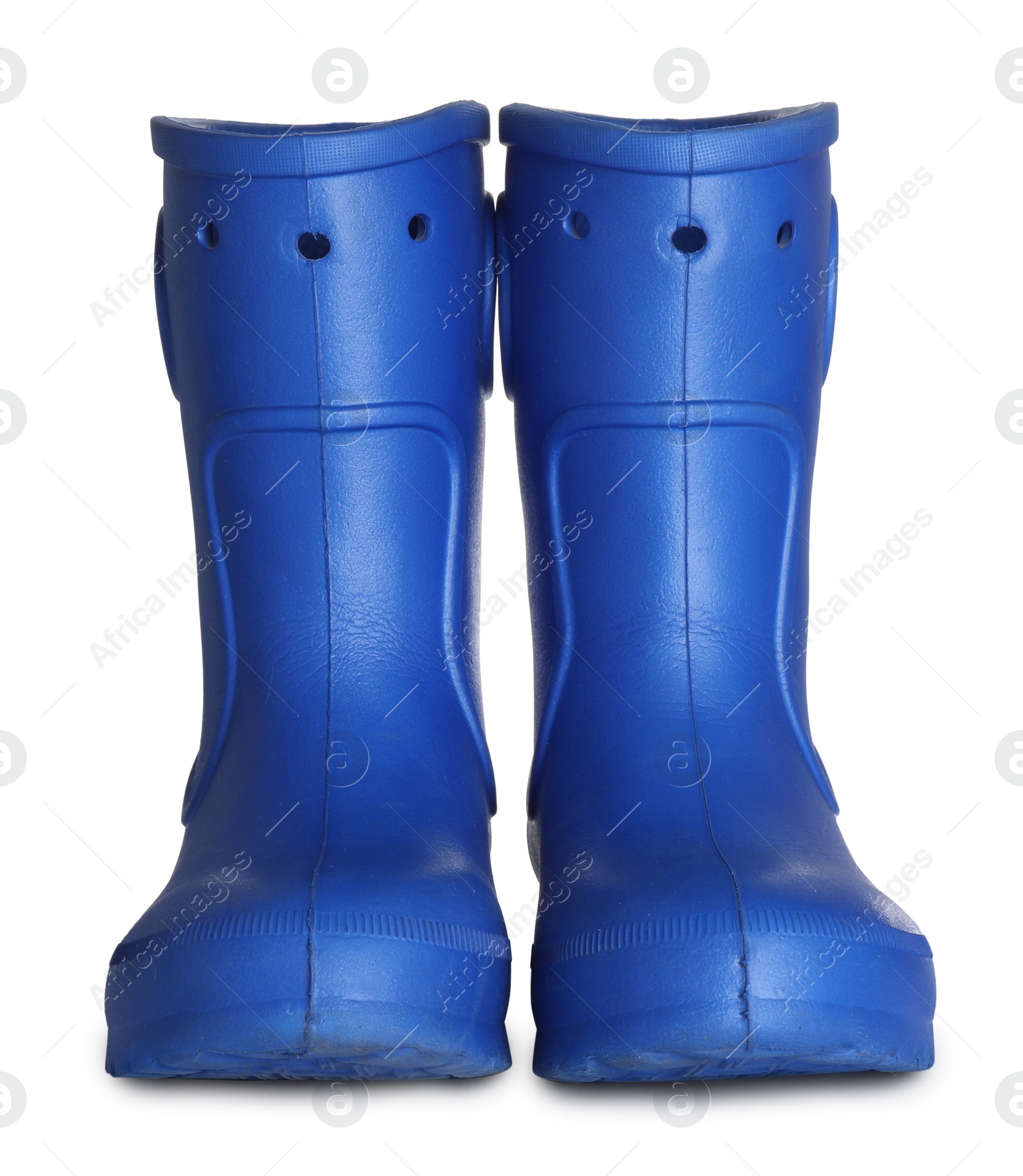 Photo of Modern blue rubber boots isolated on white