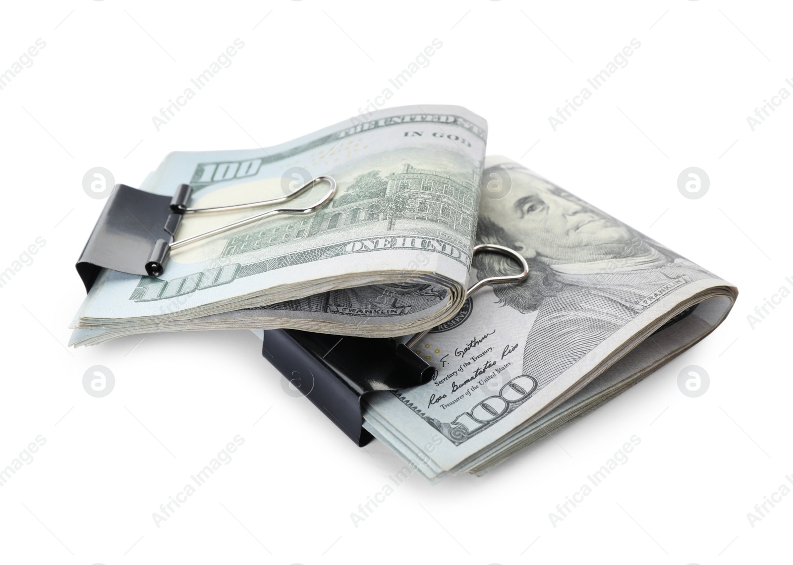 Photo of Dollar banknotes with paper clips on white background