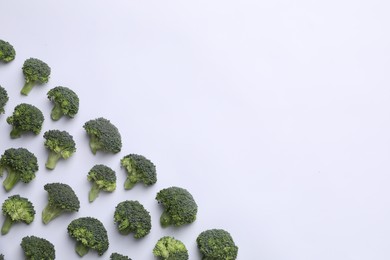 Many fresh green broccoli pieces on white background, flat lay. Space for text