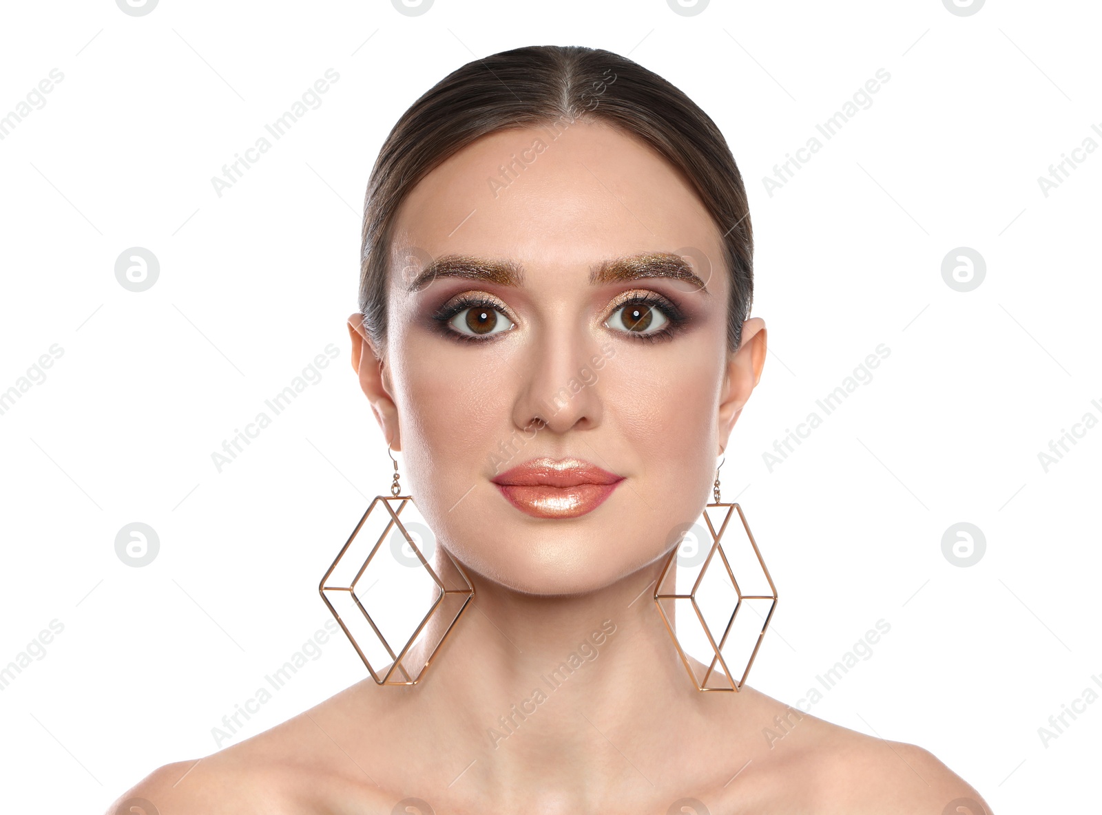 Photo of Beautiful young woman with glitter makeup on white background