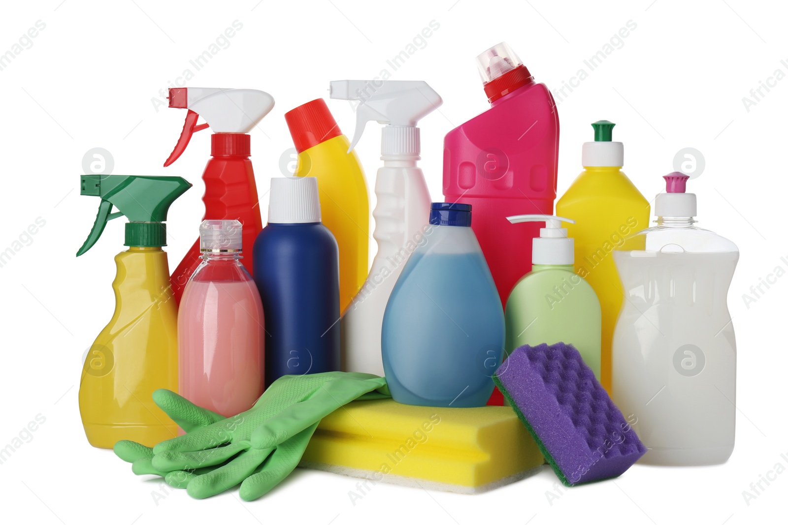 Photo of Set of different cleaning supplies and tools on white background