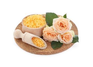Photo of Yellow sea salt and beautiful roses isolated on white
