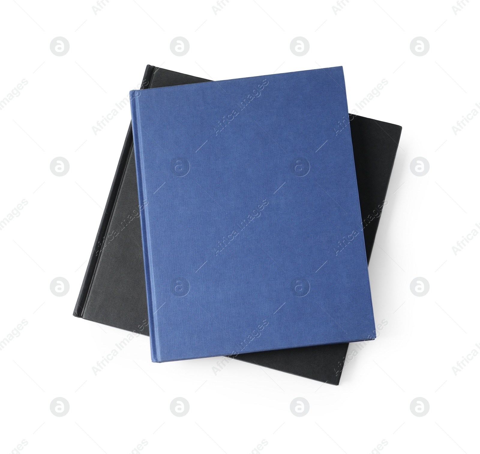 Photo of Hardcover books isolated on white, top view