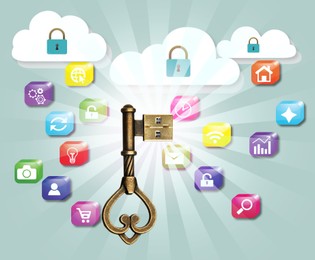 Image of Digital inheritance concept. Golden key with bit as USB plug, illustrations of clouds with locks surrounded by icons