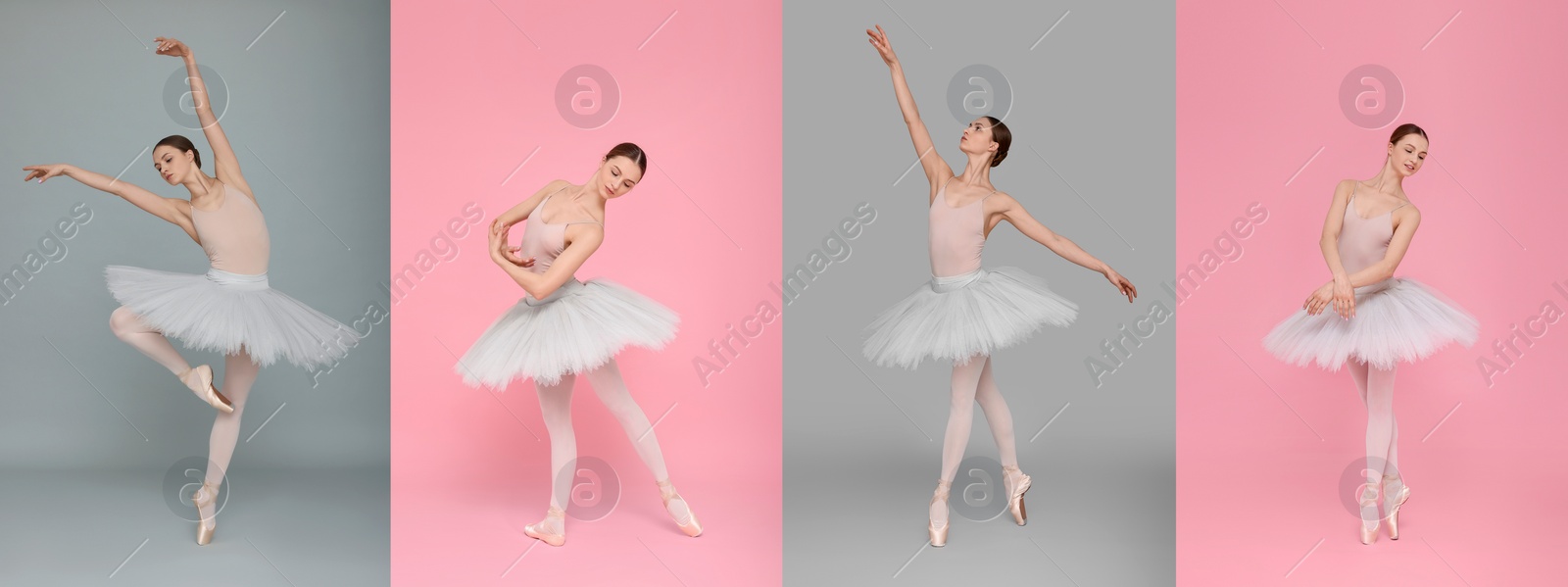 Image of Ballerina practicing dance moves on color backgrounds, set of photos