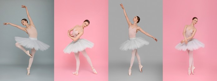 Image of Ballerina practicing dance moves on color backgrounds, set of photos