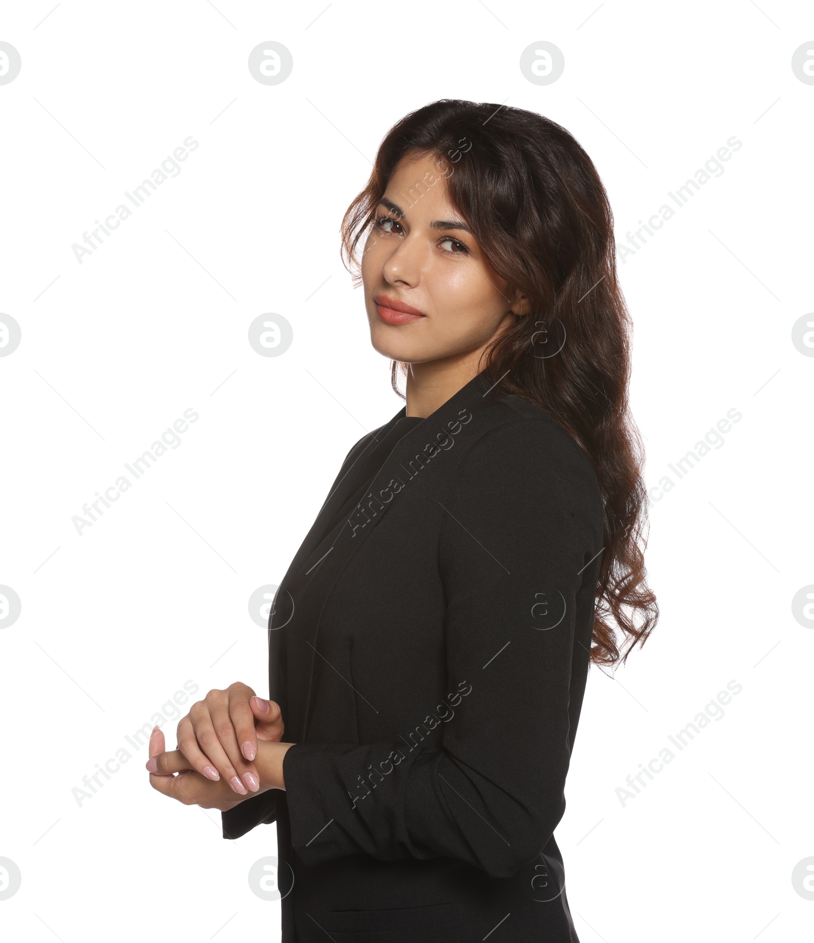 Photo of Portrait of hostess in uniform on white background