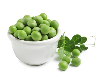 Photo of Bowl with delicious fresh green peas on white background