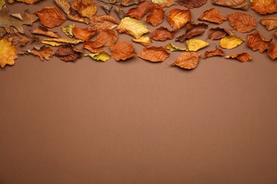 Photo of Dry autumn leaves on brown background, top view. Space for text