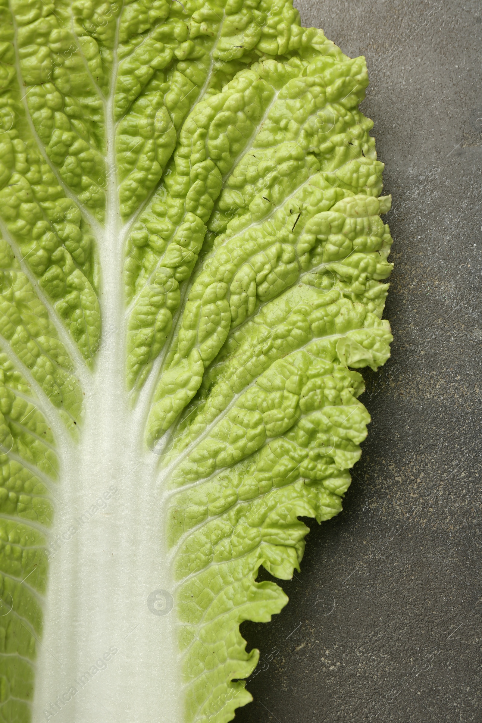 Photo of Fresh Chinese cabbage leaf on gray textured table, top view