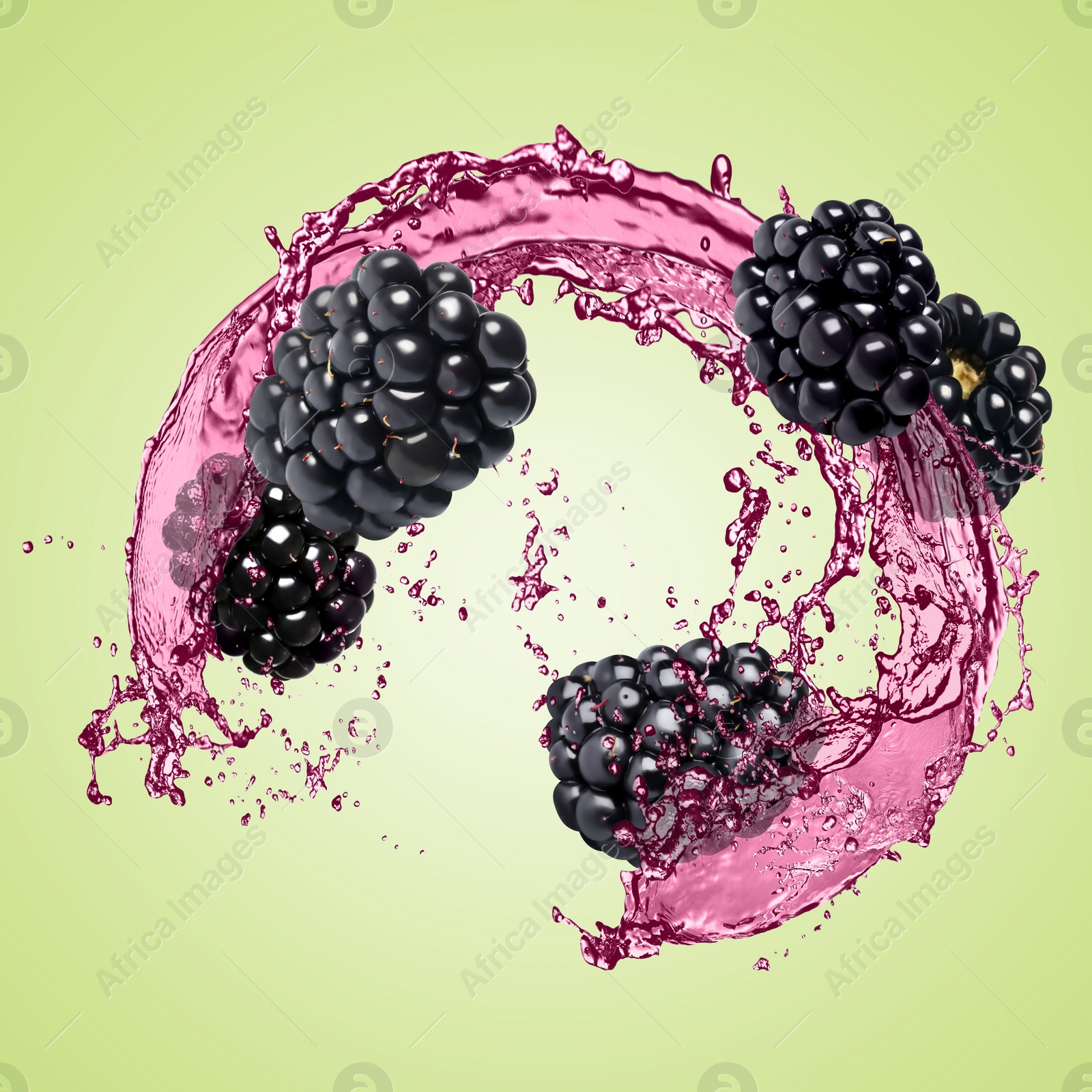 Image of Fresh blackberries and juice in air on light green background