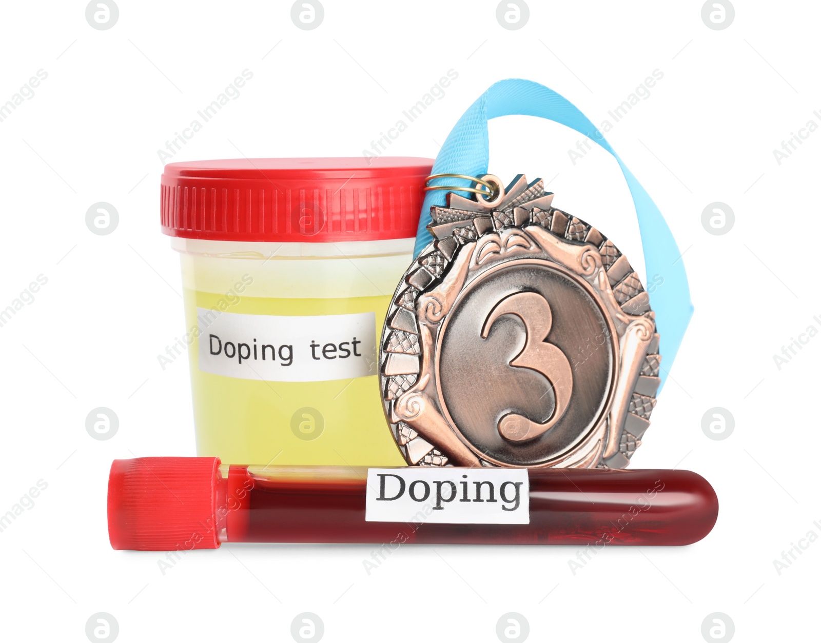 Photo of Medal, containers with samples of blood and urine for doping control isolated on white