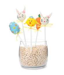 Photo of Different delicious cake pops on white background. Easter holiday