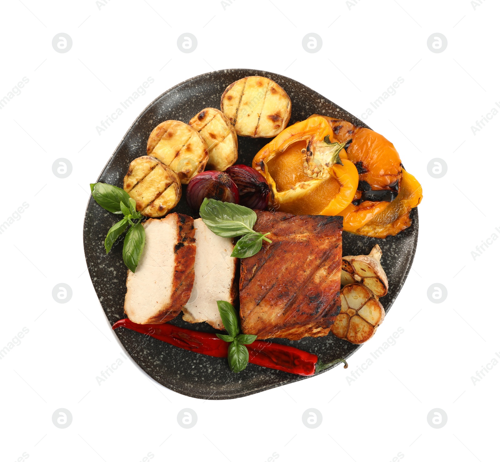 Photo of Plate with tasty grilled vegetables, meat and basil isolated on white, top view