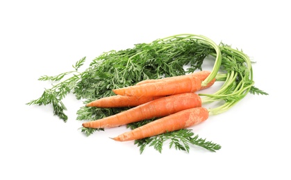 Photo of Fresh ripe carrots on white background. Wholesome vegetable