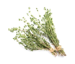 Photo of Fresh green thyme on white background, top view. Aromatic herbs