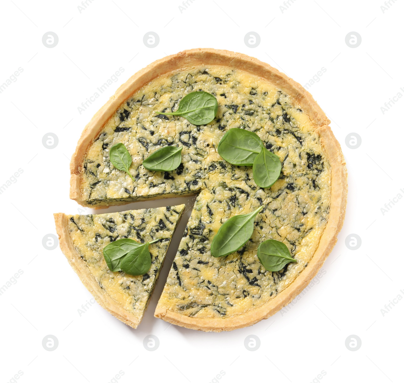 Photo of Sliced delicious homemade spinach pie isolated on white, top view