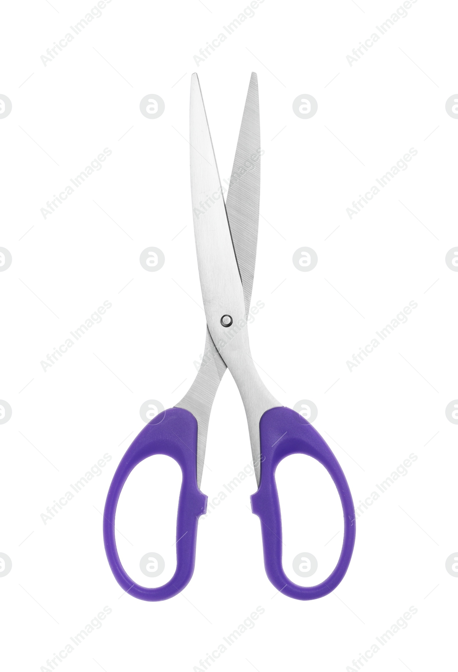 Photo of Pair of scissors isolated on white, top view. School stationery
