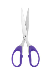 Photo of Pair of scissors isolated on white, top view. School stationery