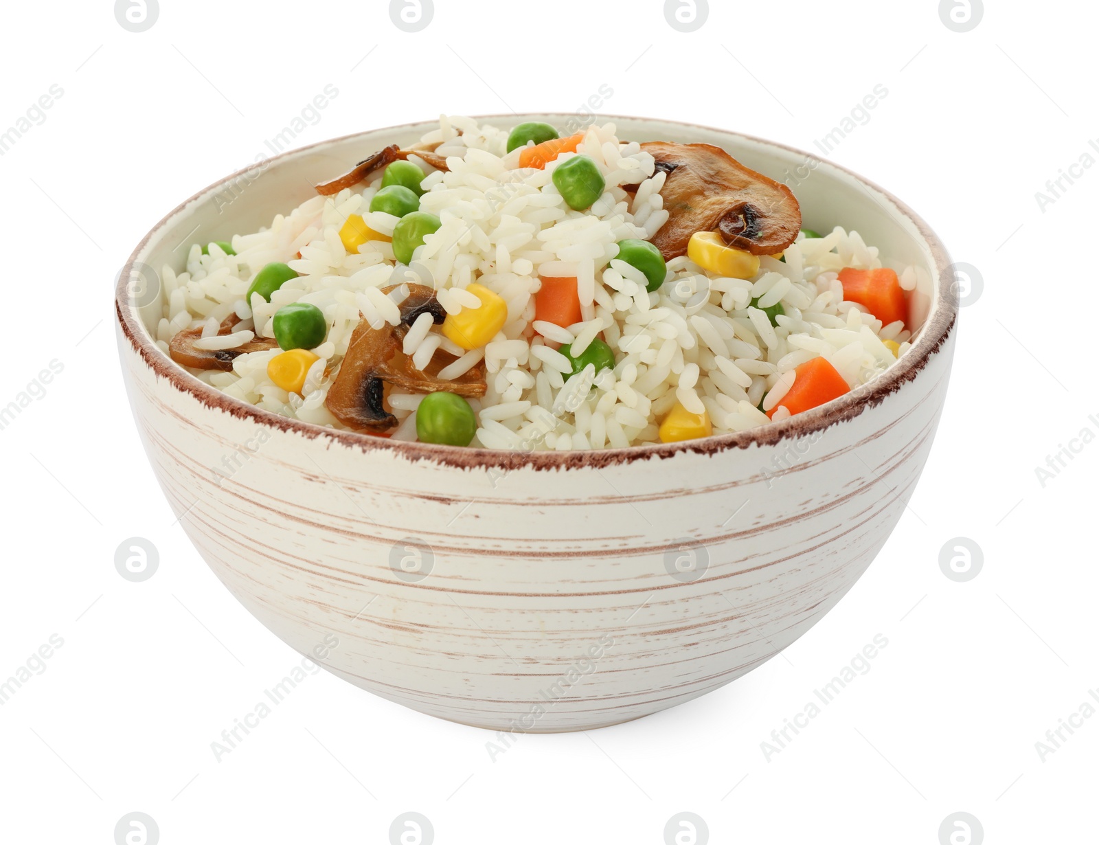 Photo of Bowl of delicious rice with vegetables isolated on white