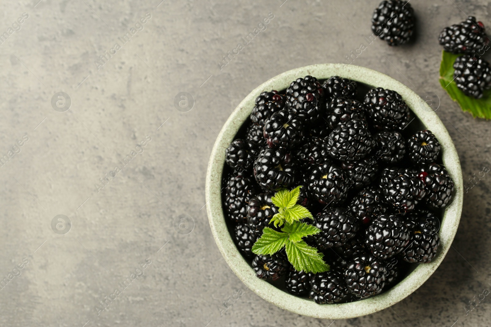 Photo of Bowl and fresh ripe blackberries on grey table, flat lay. Space for text