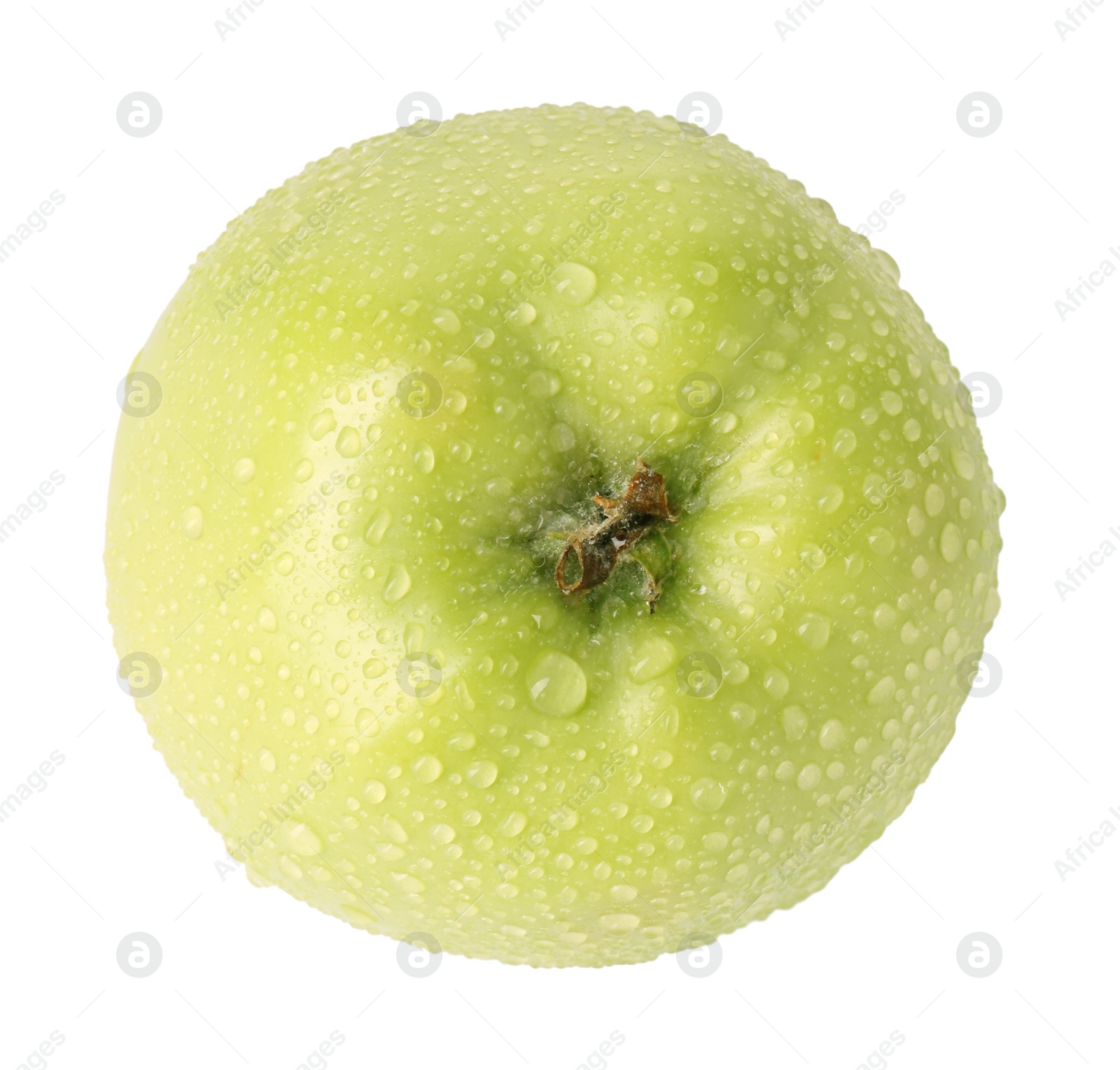 Photo of One ripe green apple with water drops isolated on white, top view