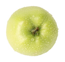 One ripe green apple with water drops isolated on white, top view