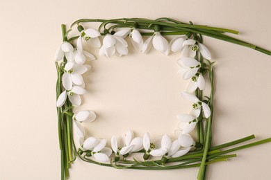 Frame made of beautiful snowdrops on beige background, flat lay with space for text