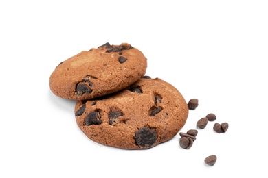 Photo of Delicious chocolate chip cookies on white background