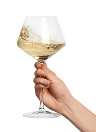 Photo of Woman with glass of wine isolated on white, closeup