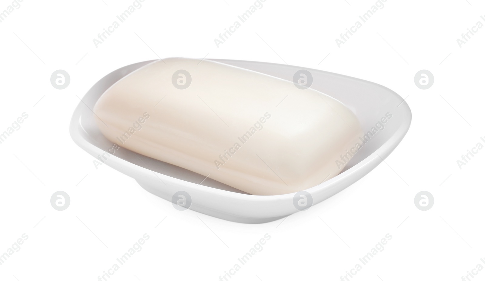 Photo of Holder with soap bar on white background