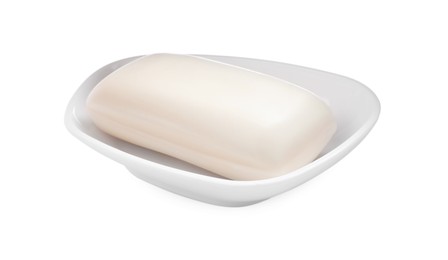 Photo of Holder with soap bar on white background