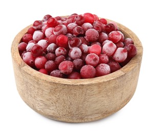 Photo of Frozen red cranberries in bowl isolated on white