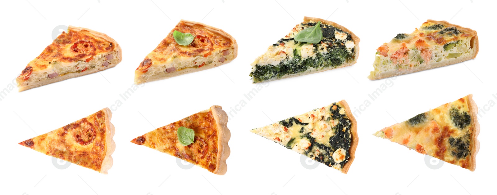 Image of Pieces of different quiches isolated on white, collage with top and side views