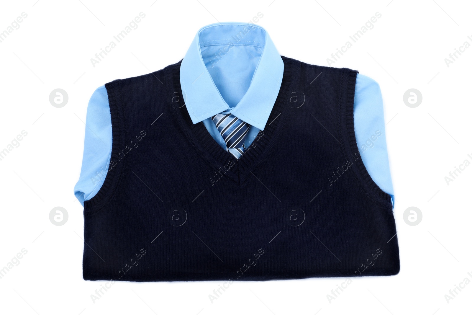 Photo of New stylish school uniform on white background, top view