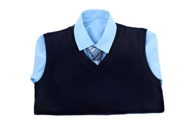 Photo of New stylish school uniform on white background, top view