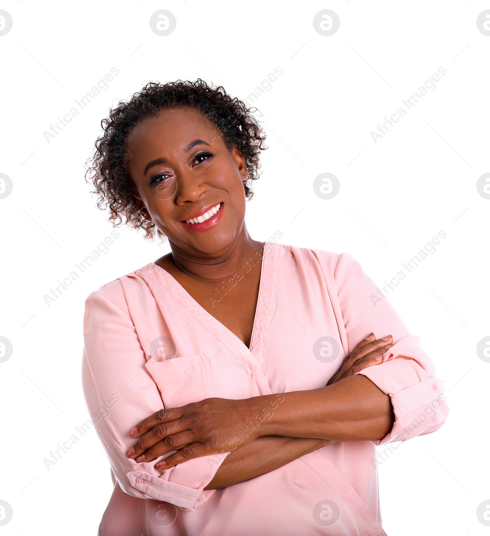 Photo of Portrait of happy African-American woman on white background