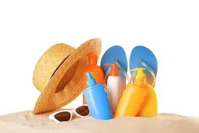 Composition with sun protection products on white background. Body care