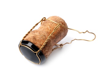 Champagne cork with wire cage isolated on white