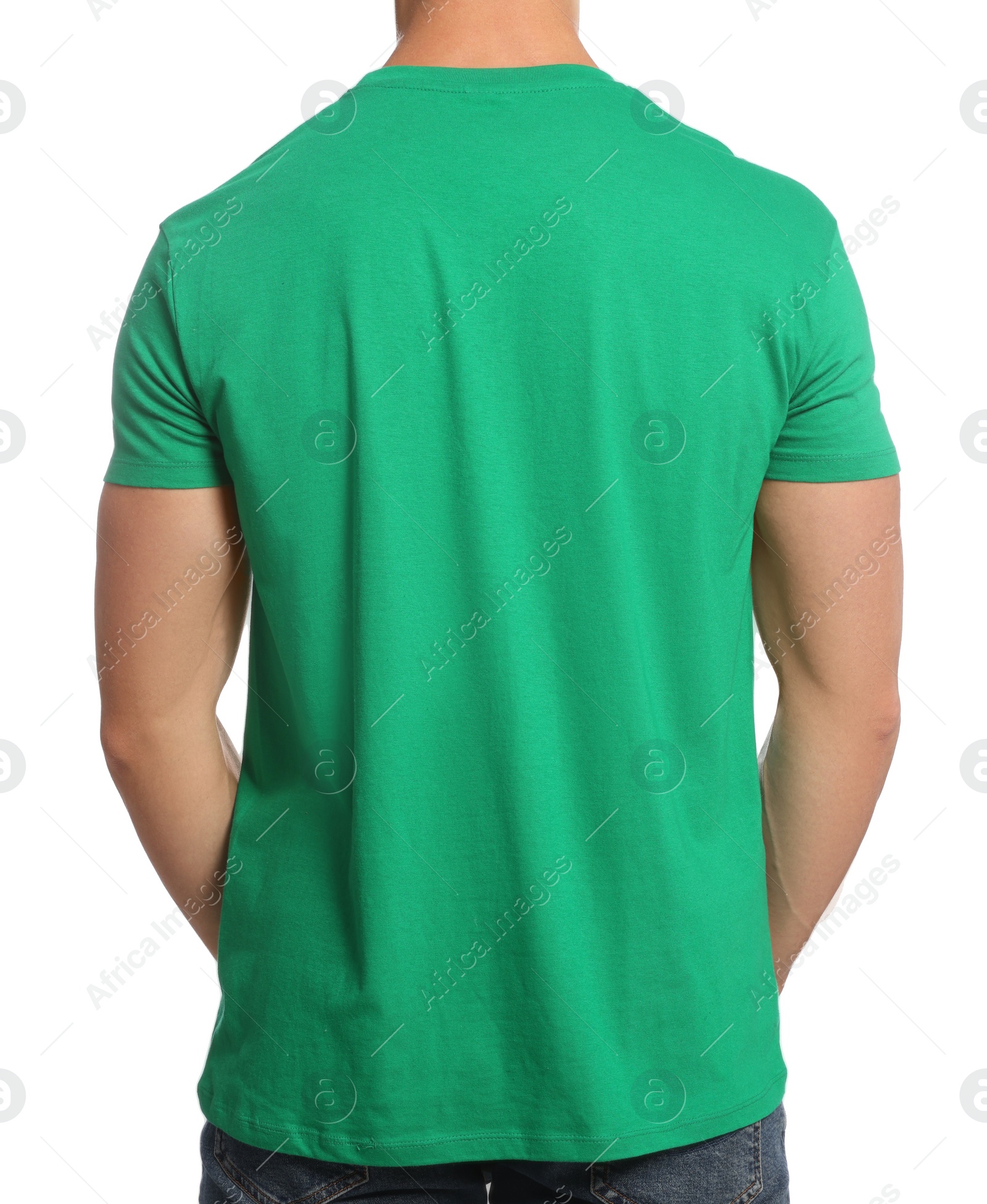 Photo of Man wearing green t-shirt on white background, back view. Mockup for design