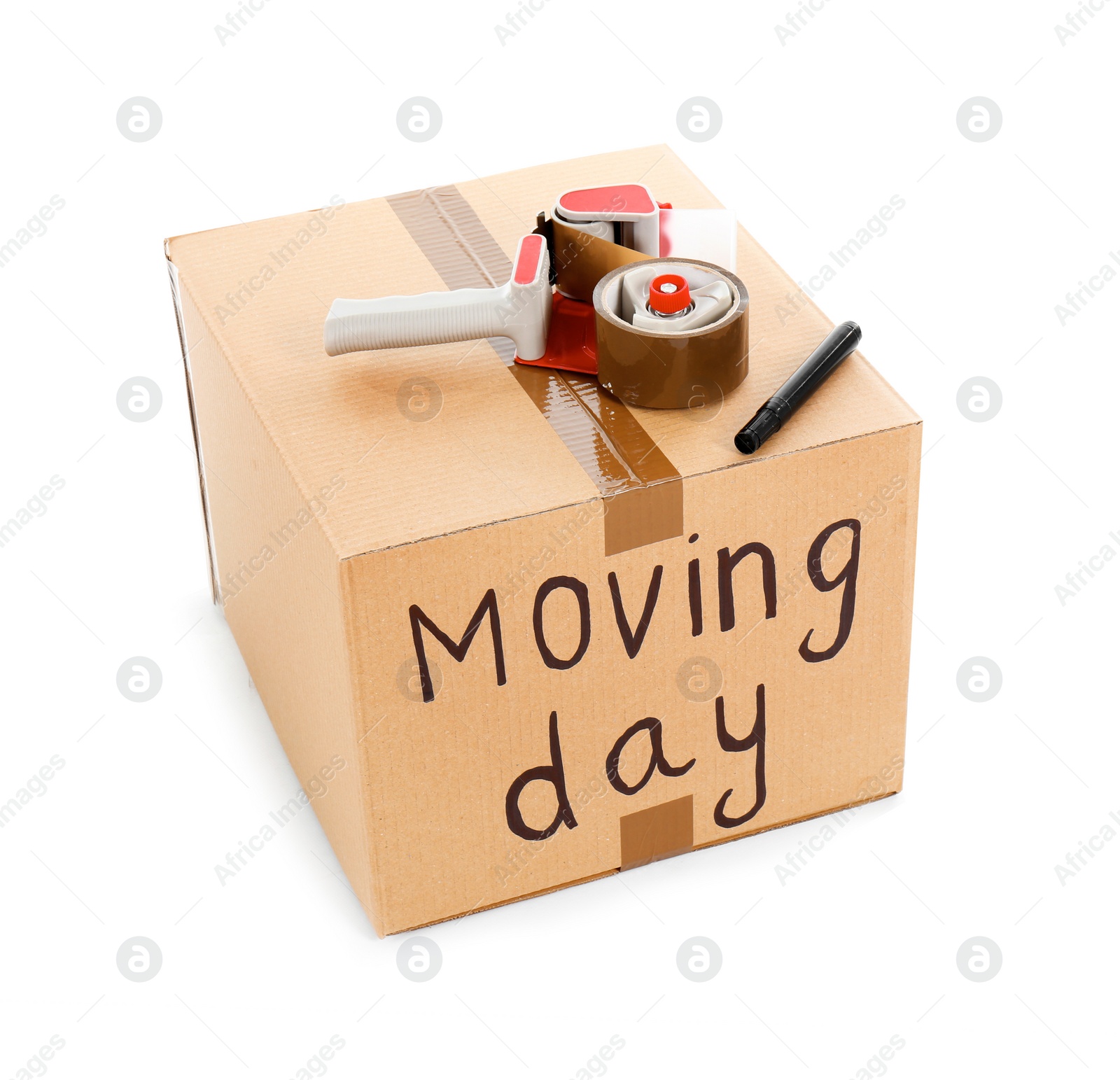 Photo of Moving box, marker and adhesive tape dispenser on white background