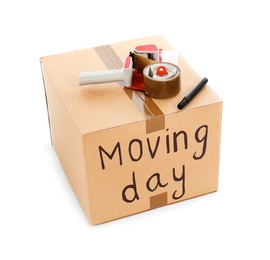 Moving box, marker and adhesive tape dispenser on white background