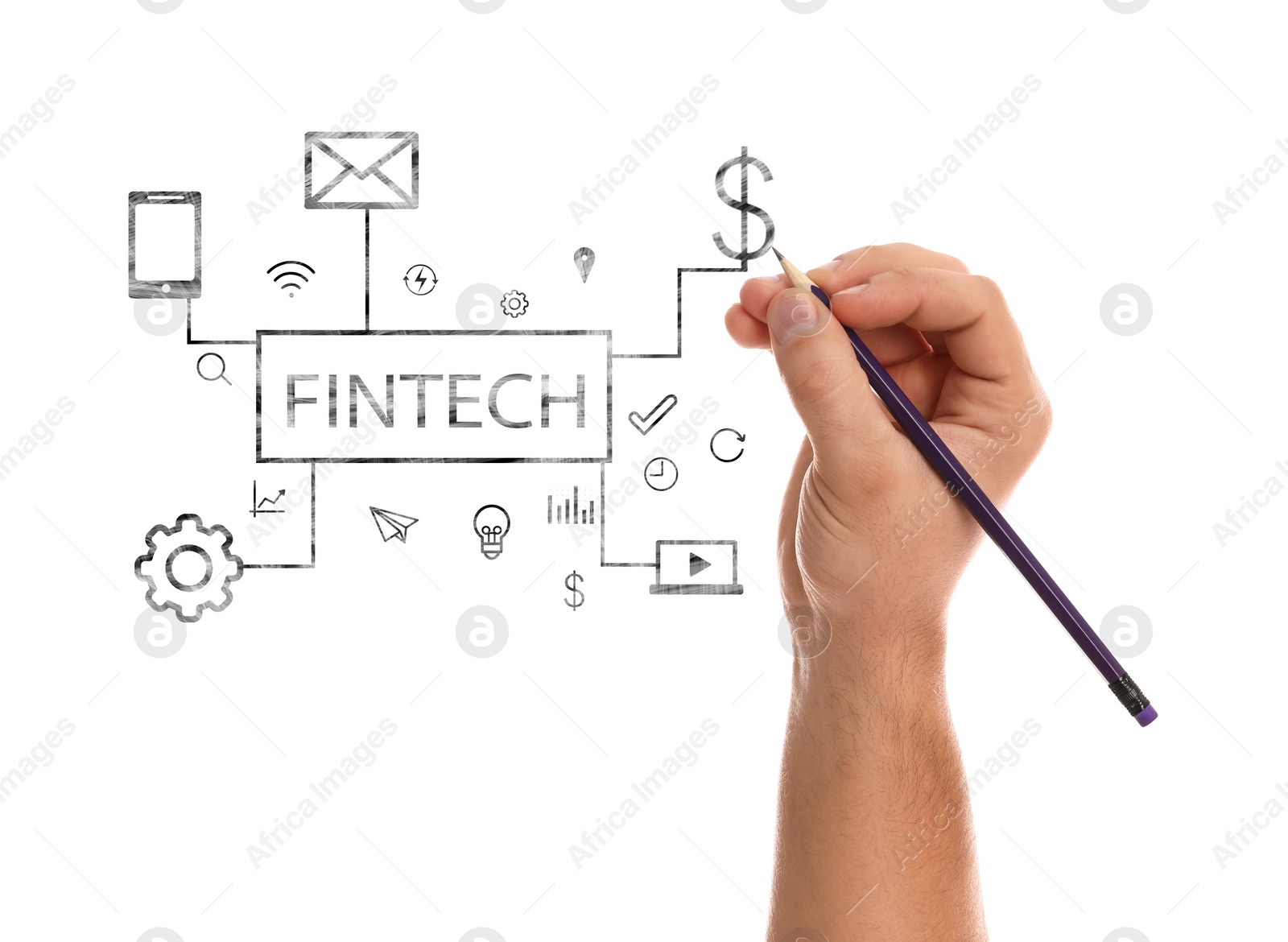 Image of Fintech concept. Man drawing scheme and on white background, closeup