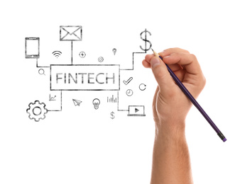 Image of Fintech concept. Man drawing scheme and on white background, closeup