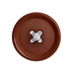 Photo of Brown plastic sewing button isolated on white, top view